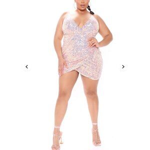 NWT Fashion Nova Aubrey Full Sequin Mini Dress 3X Pink Wrap V-neck Plunge